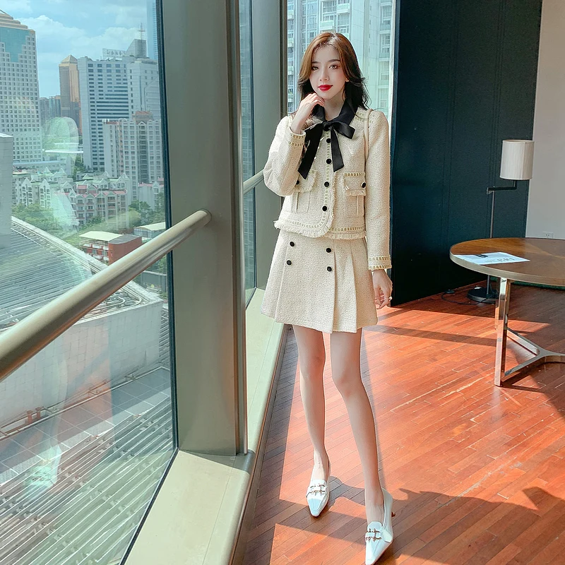 Winter Short Blazer Elegant Office Lady Tweed Coat High Waist A-line Mini Skirt Retro Female Two Piece Suit Jacket