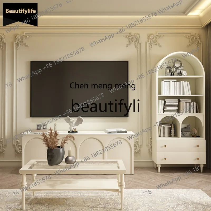 

GG French Retro Sideboard Cabinet Solid Wood Decorative Arch Storage Cabinet Cream Style Entryway Cabinet