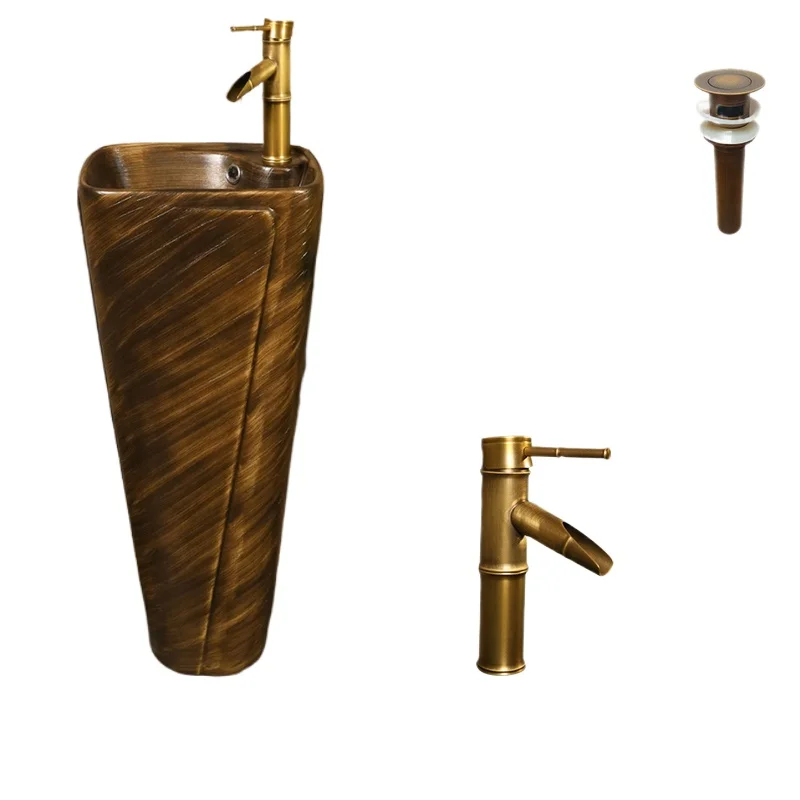 

Retro integrated Chinese art column basin ceramic floor basin vertical hand washing