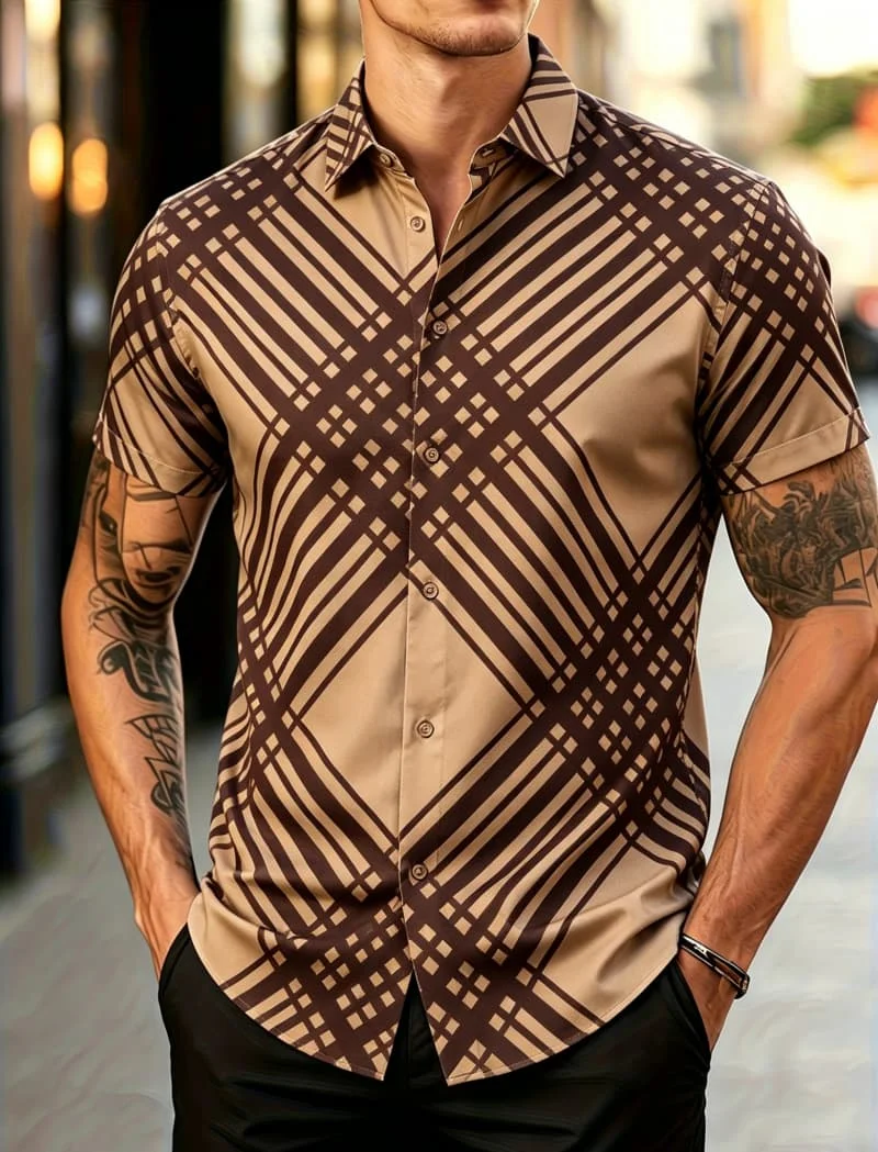 

Men's Classic Plaid & Argyle Print Short Sleeve Shirt, Casual Top for Summer, Business Casual and All Occasions