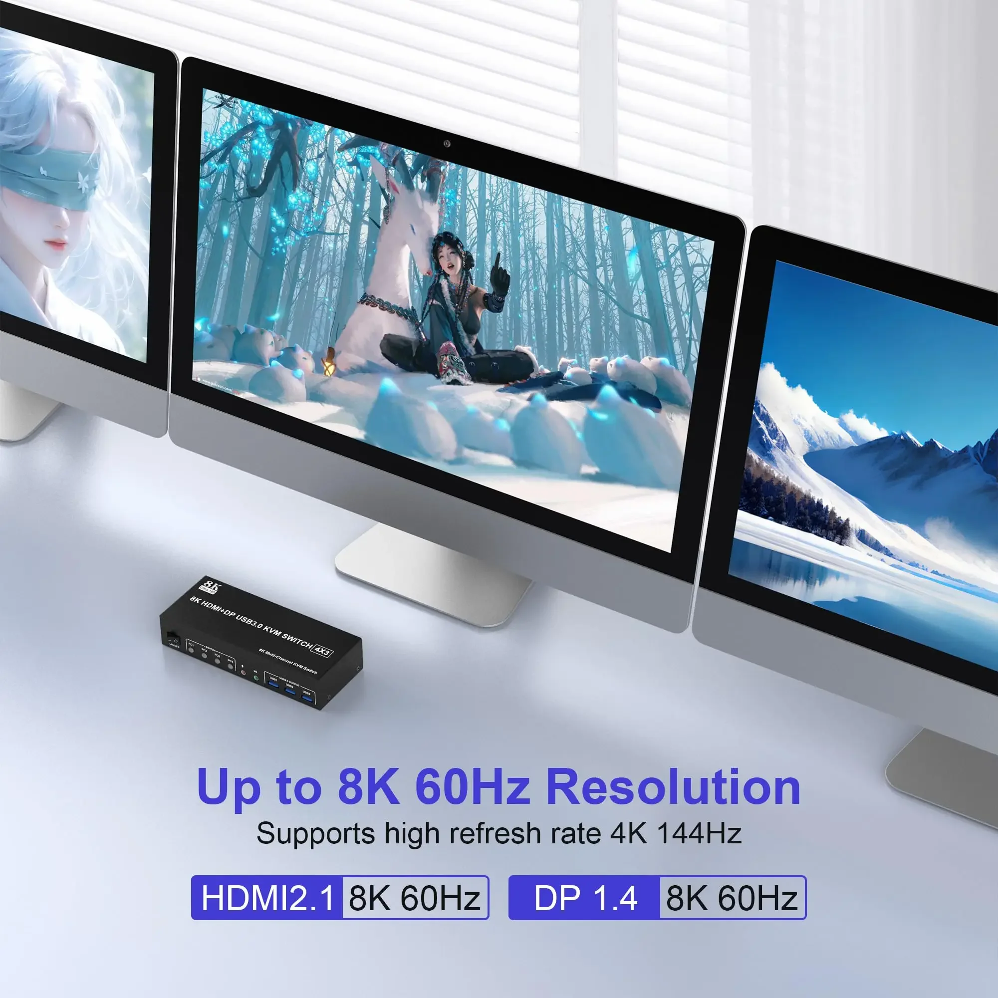 2 DisplayPort +1 HDMI KVM Switch ,8K@60Hz 4K@144Hz Triple Monitor for 4 Computer with Audio and 3 USB 3.0 Ports