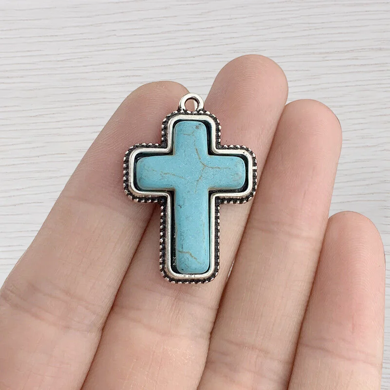 6Pcs Tibetan Silver Turquoise Cross Crucifix Crosses Charms Pendants Beads for DIY Necklace Jewellery Making Finding Accessories