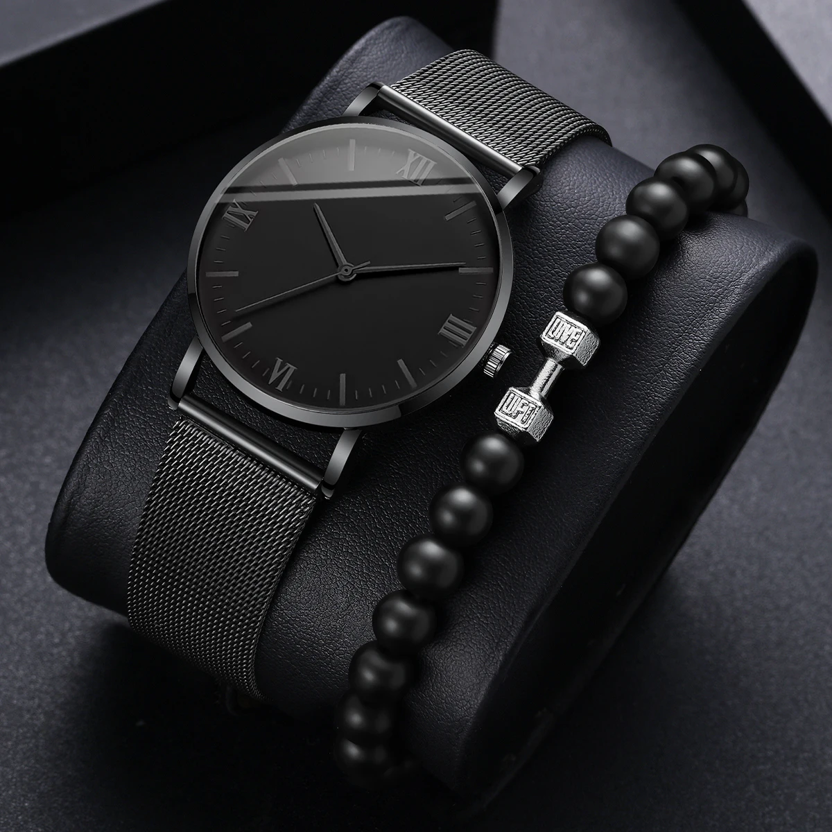 Fashion Men Mesh Band Quartz Watch with Beads Bracelet Black