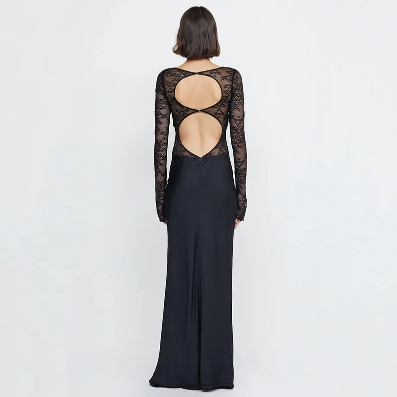 Autumn New Lace Sheer Patchwork For Women Fashion Selling Sexy Hot Girl Slit Long Dress