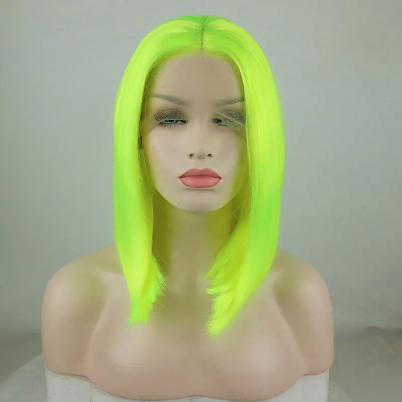 Perruque Lace Front Wig synthétique courte et lisse, perruque Bob, verte, 13x4, haute qualité, fibre de degré de chaleur, raie centrale pour femmes, printemps