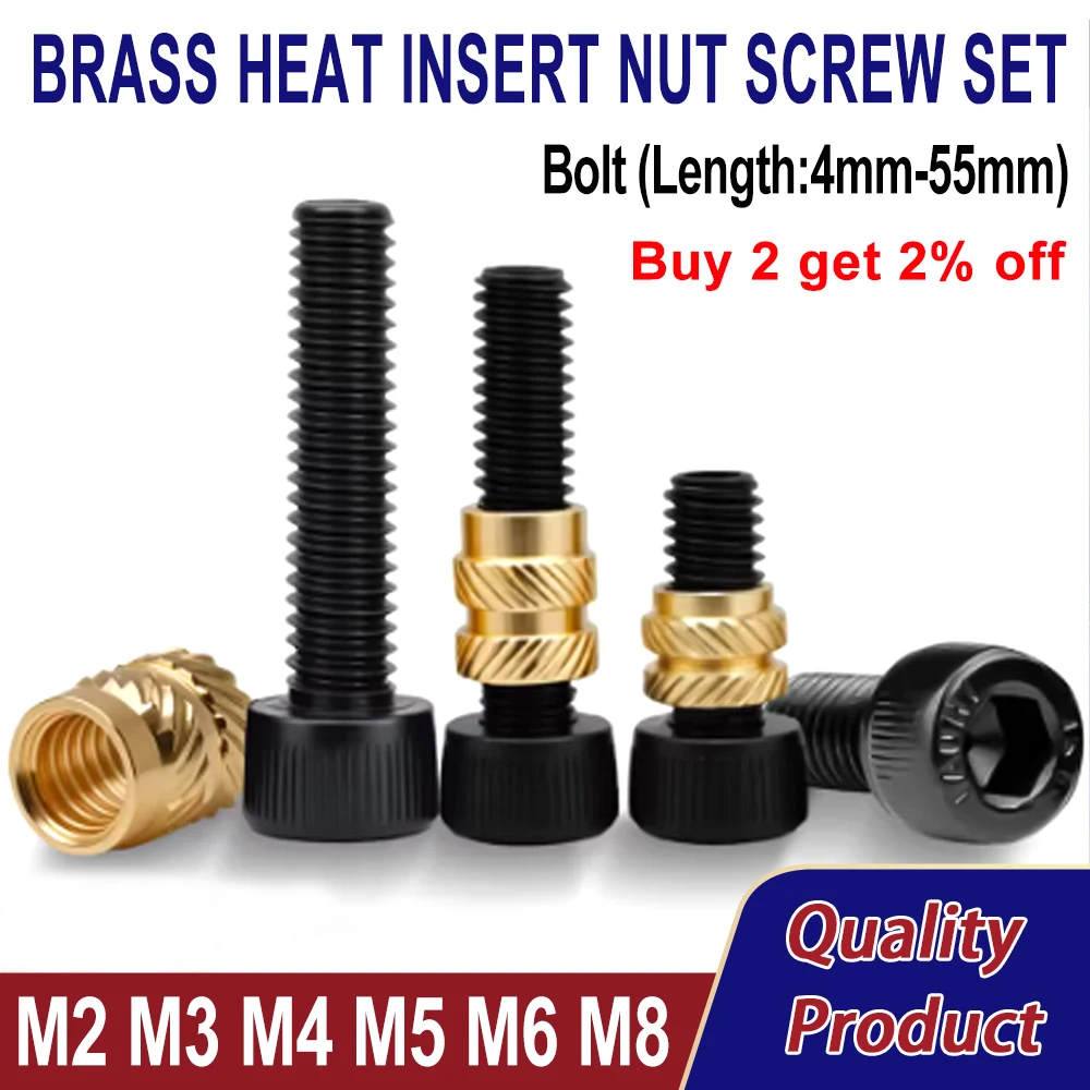 Messing Wärmeeinsatz Mutter Schrauben Set M2 M3 M4 M5 M6 Grade12.9 DIN912 Innensechskantschraube Hot Melt Gewindeeinsätze Kit für 3D-Druckerteile