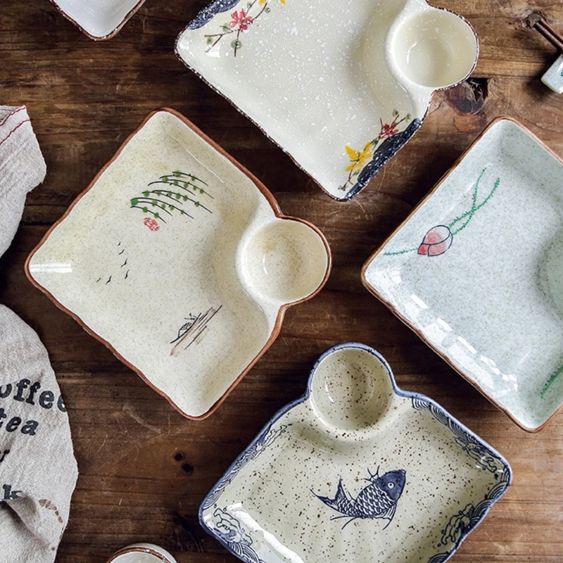 Artistic Hand Painted Ceramic Square Dumpling Plate with Vinegar Dish Food Serving Tray with Dipping Area best sale