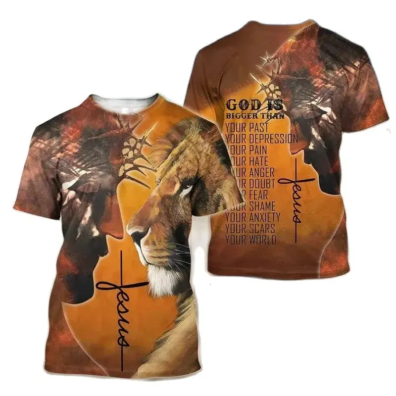 Camiseta masculina Jesus Cruz Leão Estampada 3D, Crusader Templário, gola redonda, manga curta, personalidade atraente, top diário casual, moda