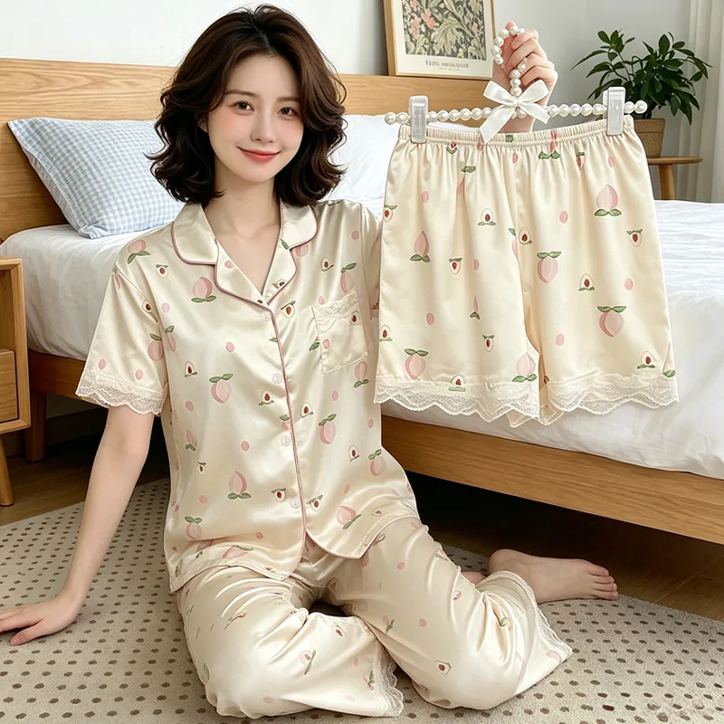 New Women's Summer Lace-Trim Ice Silk Pajamas, Youthful Autumn Peach Sweet Short-Sleeve Comfortable Homewear Three-Piece Set