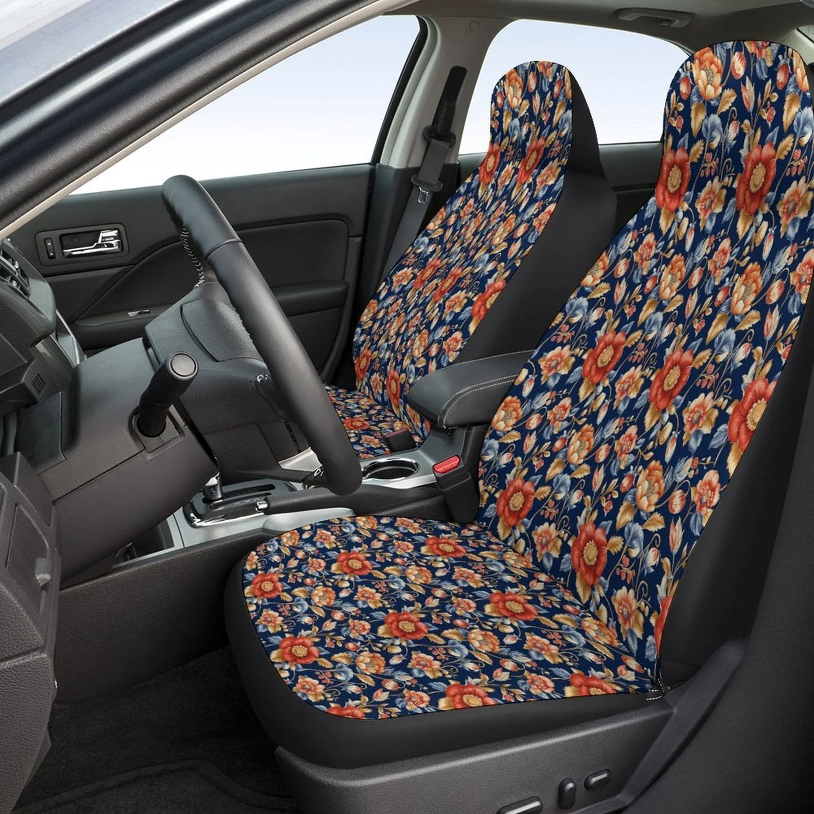 Floral Pattern Themed Car Seat Cover Set For Most Cars, Fashionable Novelty Car Seat Protector Covers Full Set, Universal Car Se