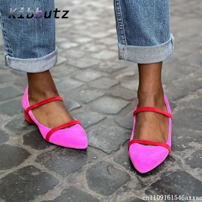 Contrast Color Thin Dual Straps Point Toe Mary Jane Pumps Women Suede Chunky Block Mid HeelsTrendy Outdoor Walking Casual Heels
