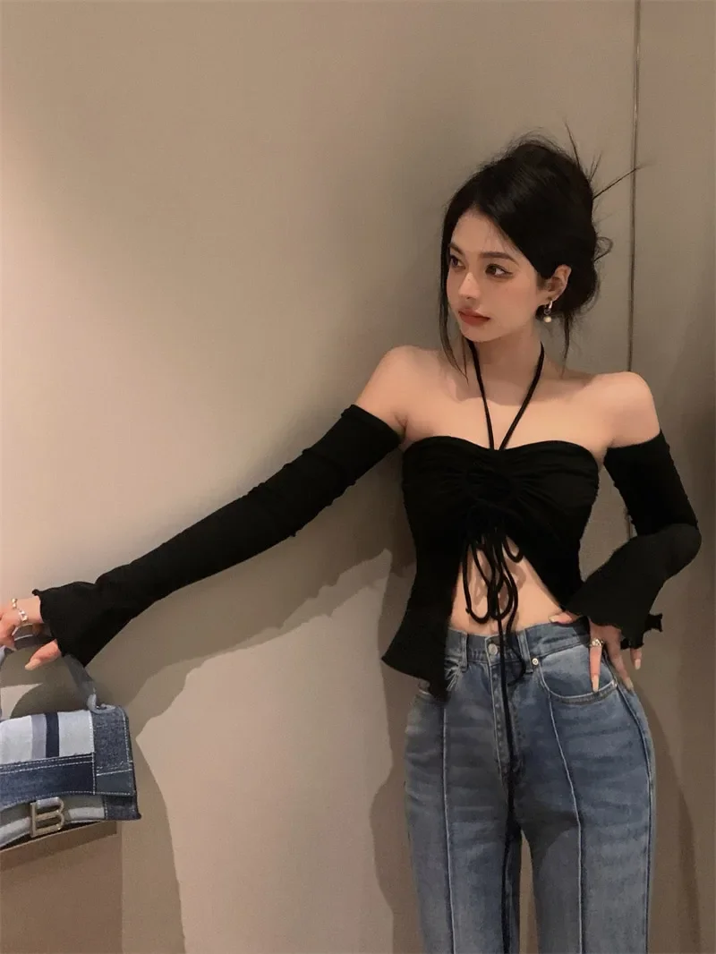 Charming Women Sexy Crop Tops Women Halter Neck Tops with Sleeves Solid Color Pleated Tie Up Drawstring Summer Slim Fit Shirt