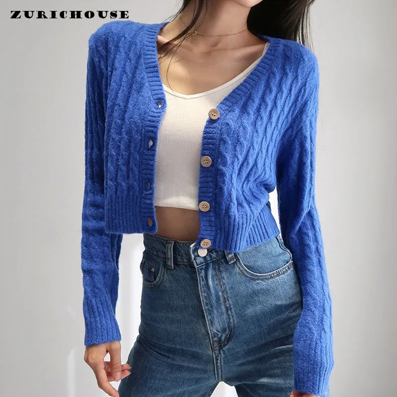 

ZURICHOUSE Spring Cropped V-neck Cardigan Coat Women Long Sleeve Single-breasted High Waist Slim Elegant Knit Sweater Outerwear