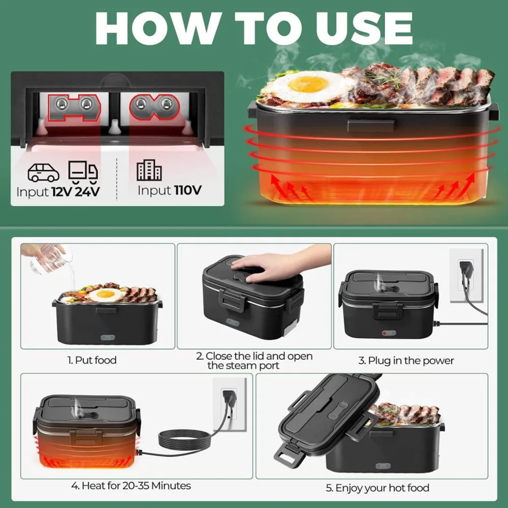 Electric lunch box 1.8L large capacity household car heating and insulation student meal box 304 Stainless liner