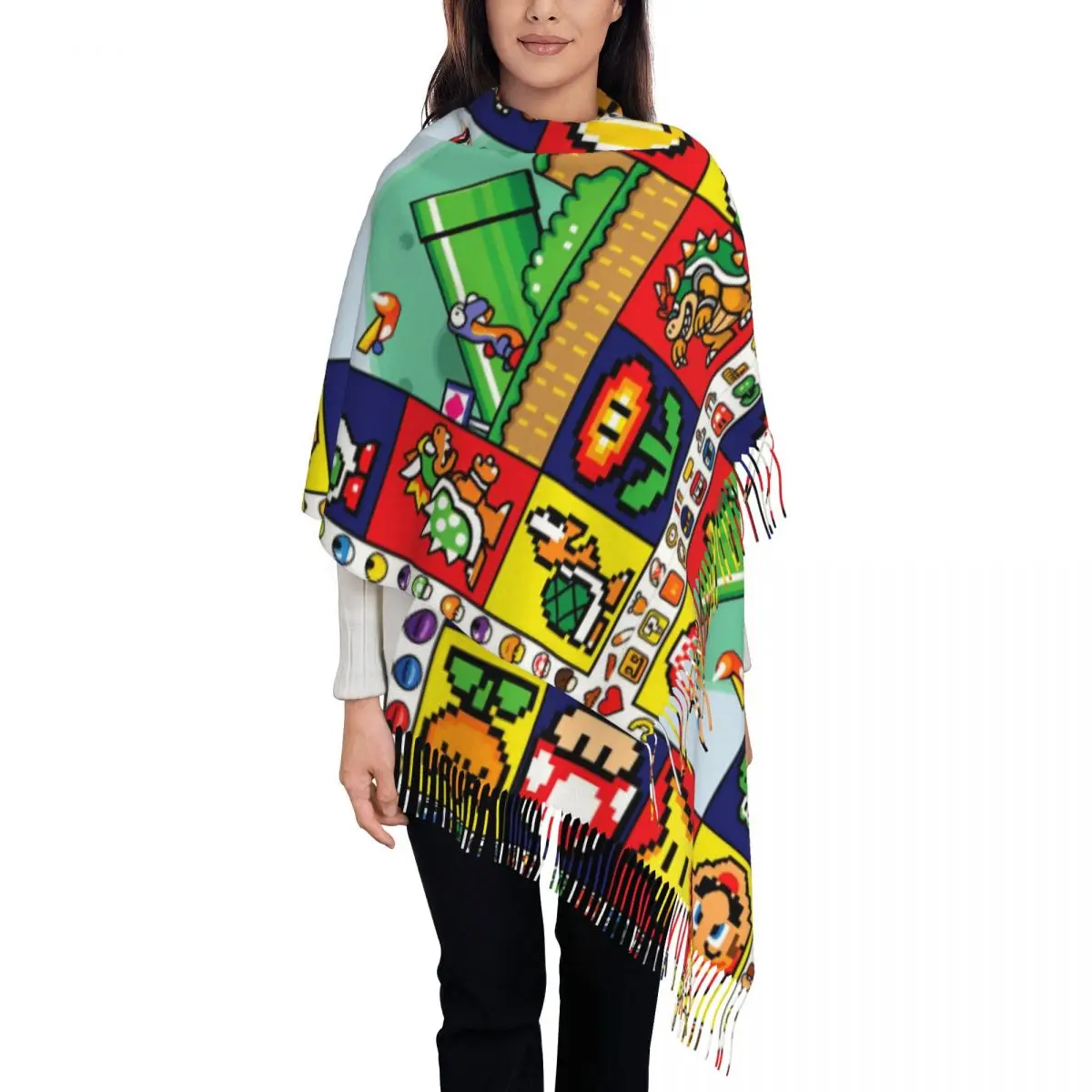 Écharpe femme avec pompon années 90 jeu Marios champignon étoile grand châle doux et chaud Super cadeaux foulards Pashmina