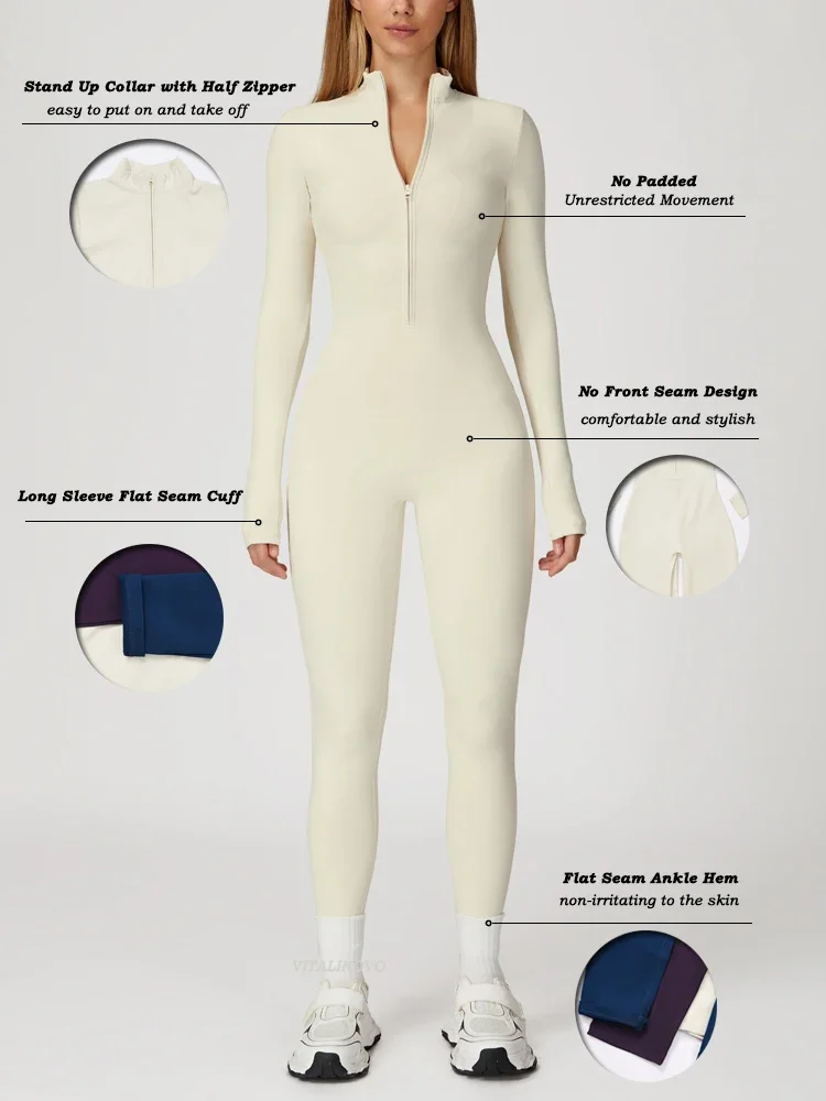 VITALINOVO Women Fleece Lined Workout Jumpsuits Long Sleeve Zip Up Yoga Romper Winter Warm Thermal One Piece Bodycon Bottom Pant