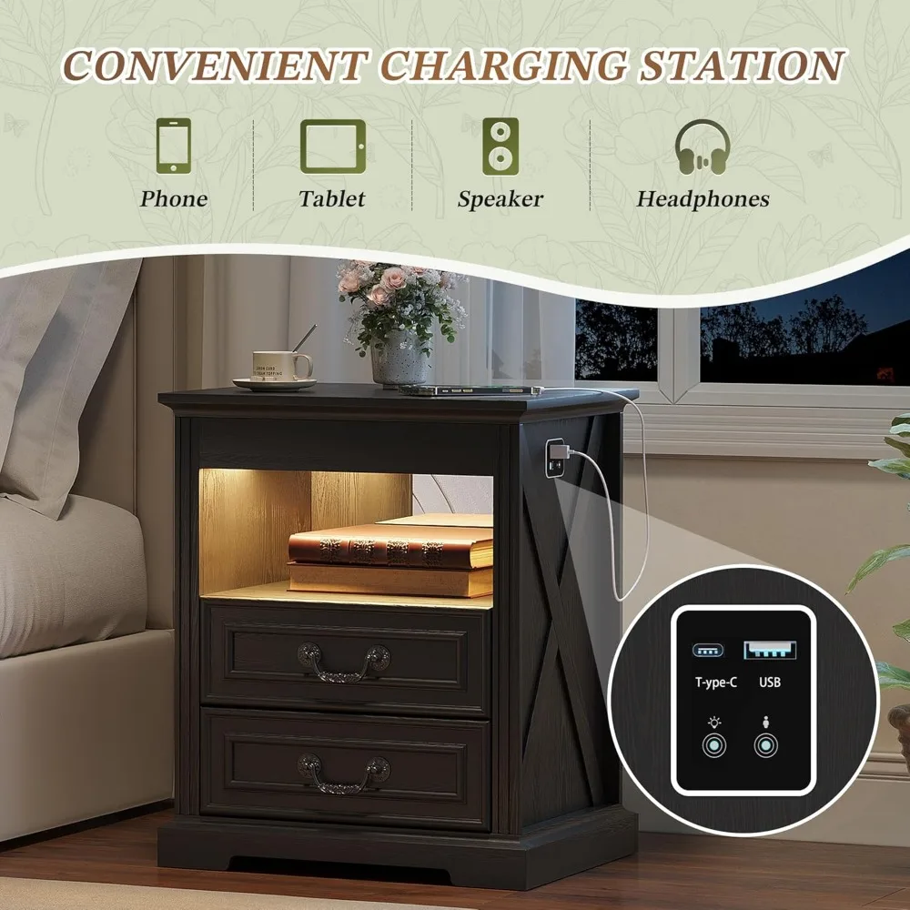 منضدة سوداء مع درج مسدس، طاولة بجانب السرير مع قاعدة شحن، حامل ليلي مع ضوء LED ومستشعر بشري، طاولة نهائية واي فاي #4