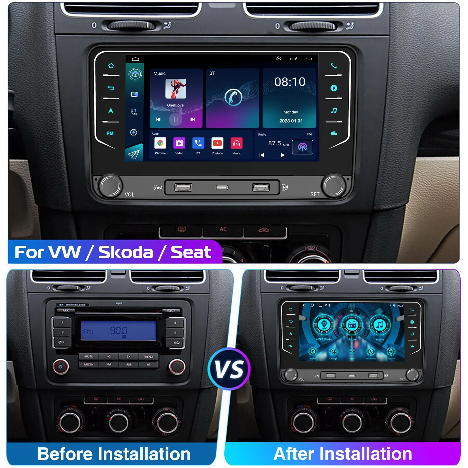 7 "rádio estéreo do carro 4 + 64gb para volkswagen jetta golf 5/6 passat b6/b7 3c polo caddy carplay android 14 wifi gps bt + dab & dvr & ahd