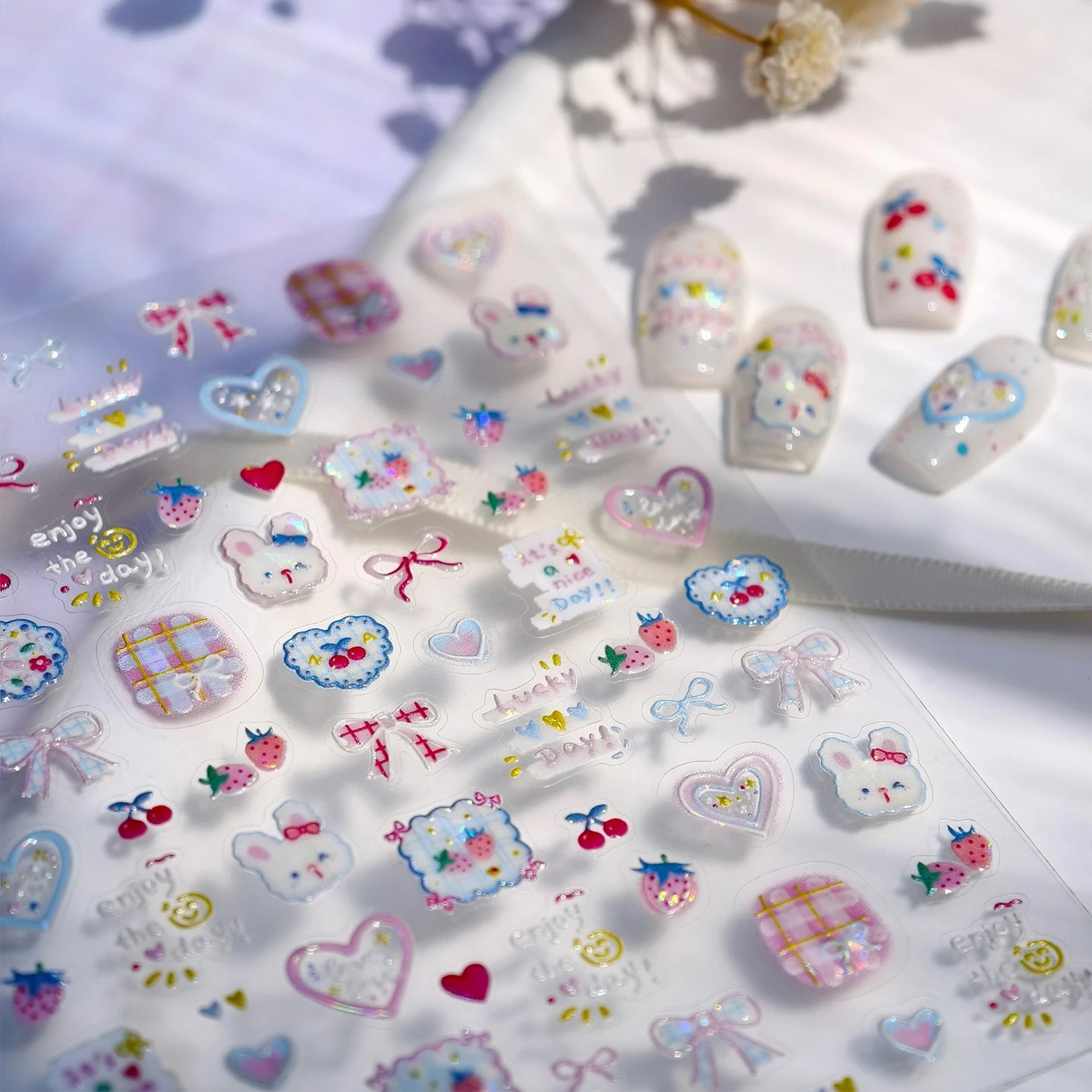 

Kawaii Rabbit Strawberry Bunny Cherry Lace Bowknot Line Gird Funny Fruit Heart Self Adhesive Nail Art Stickers Manicure Decals