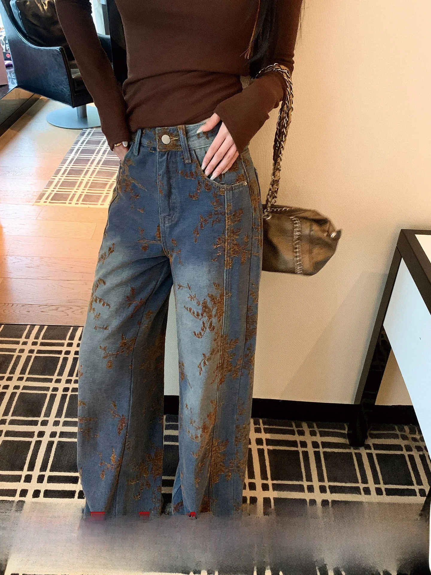 

Ретро джинсы с высокой талией и широкими штанинами, повседневный дизайн, без стрейча, удобная посадка, осенне-зимние женские джинсовые брюки