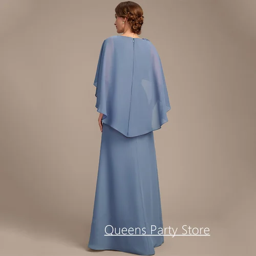 Imagen 2 del producto Vestido elegante para madre de la novia, vestido de invitados de boda de gasa con volantes y apliques de lentejuelas personalizado con cuello en V y capa