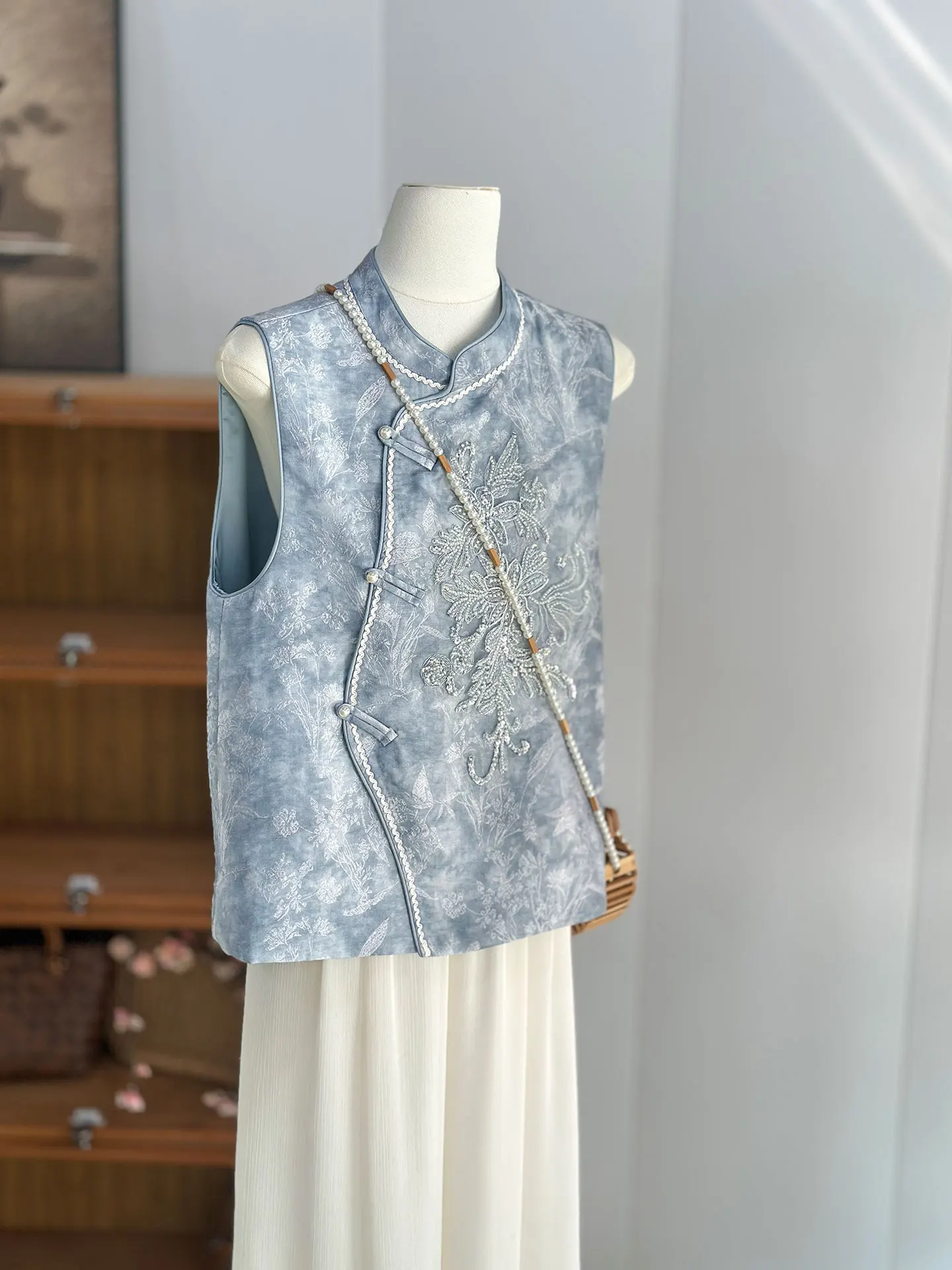 Niebieska Młoda Wyszczuplająca Kamizelka Odzież Wierzchnia Warstwowa Wiosna Jesień Chiński Retro Narodowy Styl Damska Bluzka Do Pracy Elegancka...