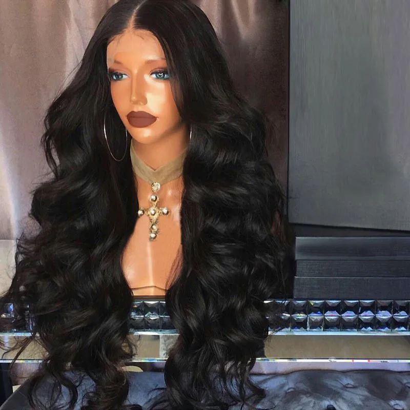 European and American wigs, big wave black wig headgear with middle part, curly hair with front lace.