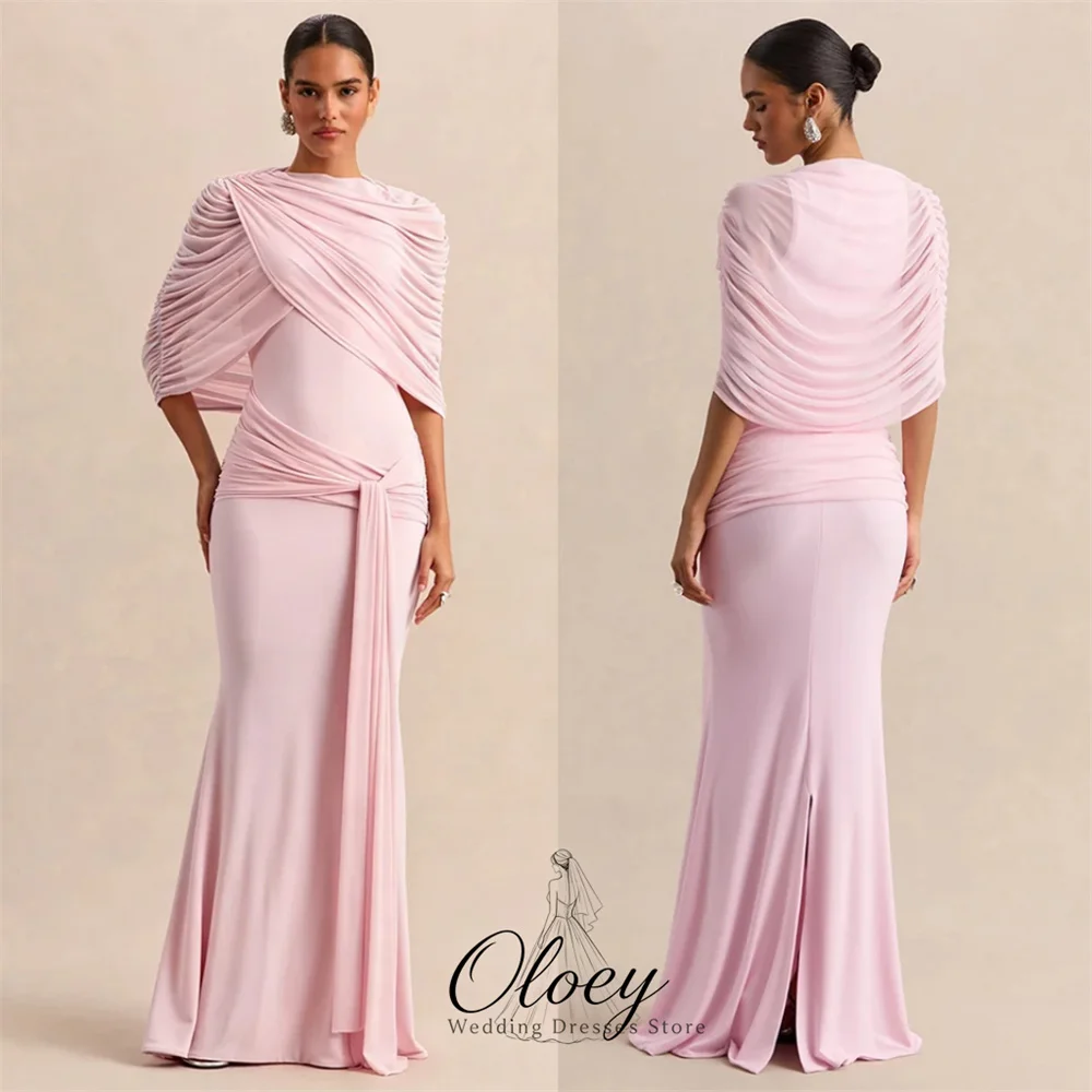 OLOEY Elegant Pink Detachable Cape Sleeve Evening Gown Dress Draped Mermaid Formal Party Dress Customized Reception Dress