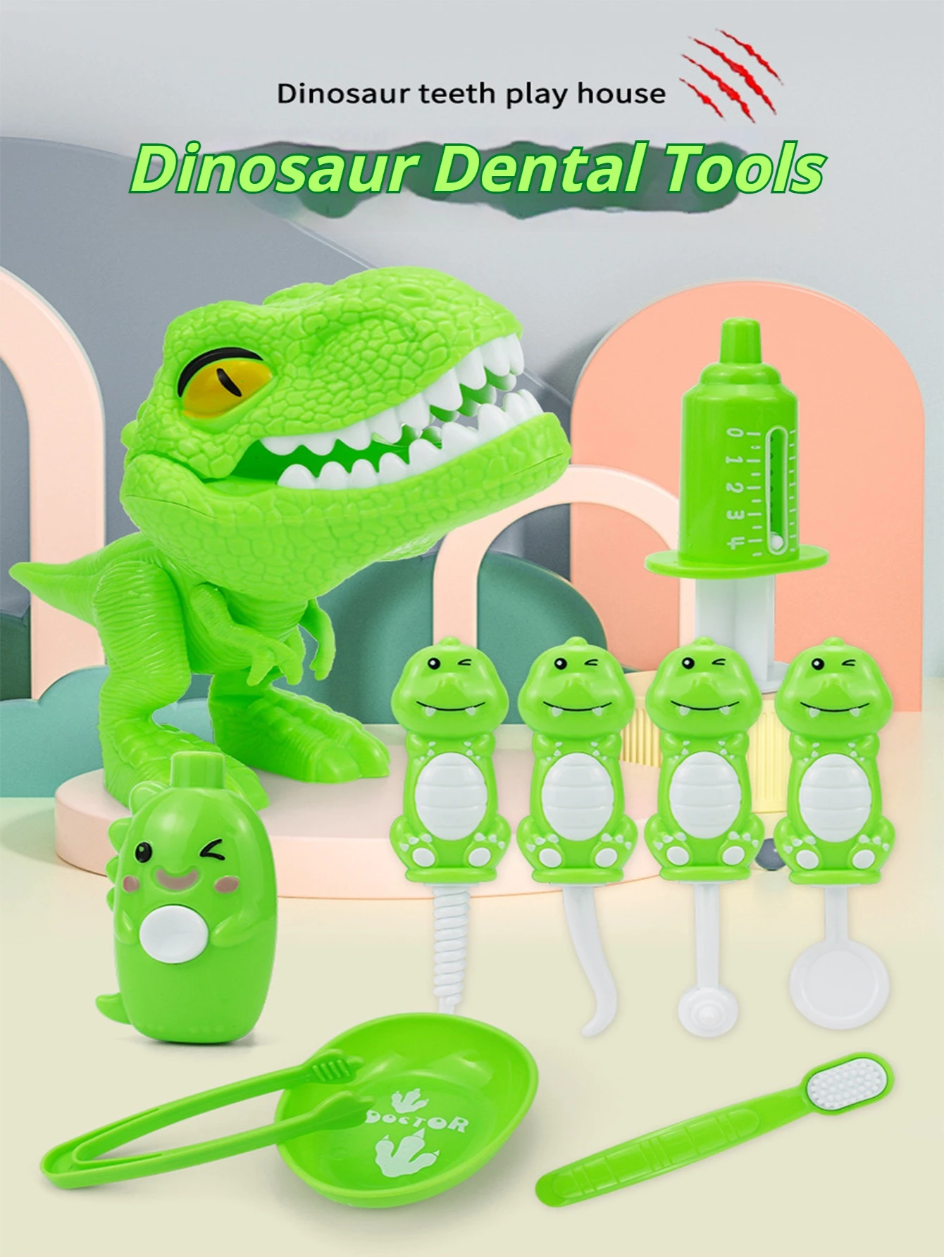 10PCS Cartoon Dinosaur dentista Kit medico set da gioco per bambini, giocattoli da dentista fingono che i medici dei bambini fingono il kit di medici per bambini