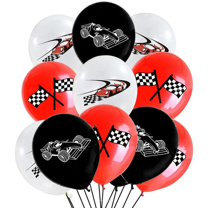 12 ballons en latex de 12 pouces pour la décoration de fête d'enfants, nouvelle collection voiture de course