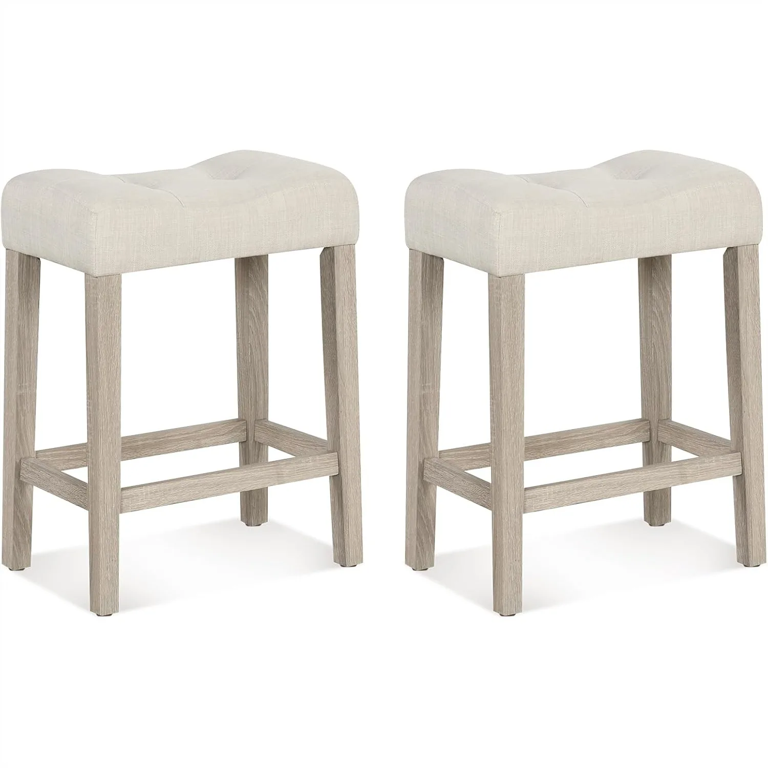 

24" Bar Stools Set of 2, Upholstered Counter Height Saddle Bar Stools with Footrest and Wood Legs, Farmhouse Button Tufted