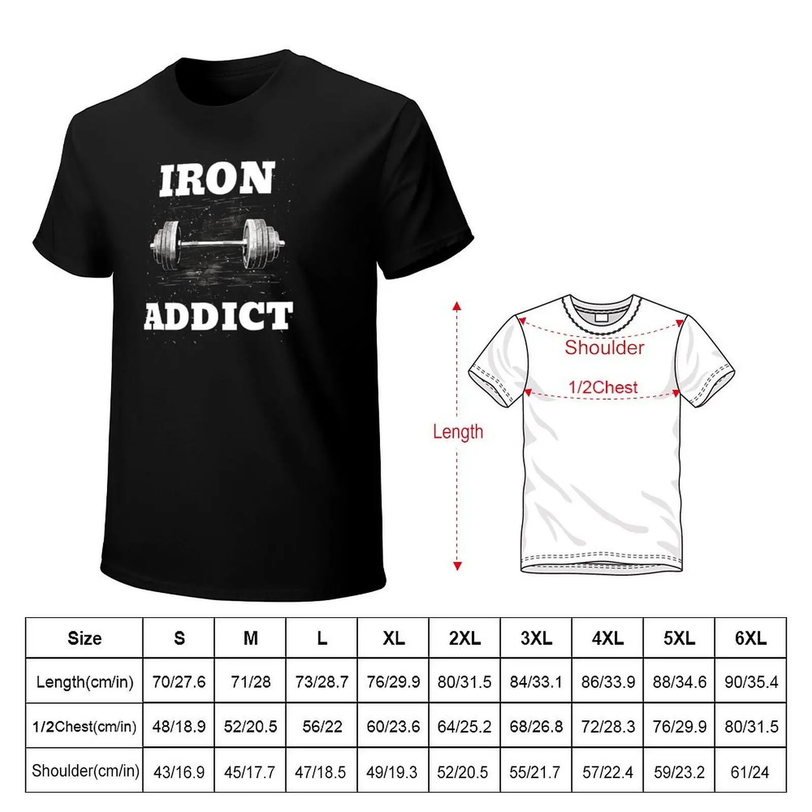 IRON ADDICT, White Lettering Barbell Design T-Shirt Casual Daily Wear Short Sleeve Top