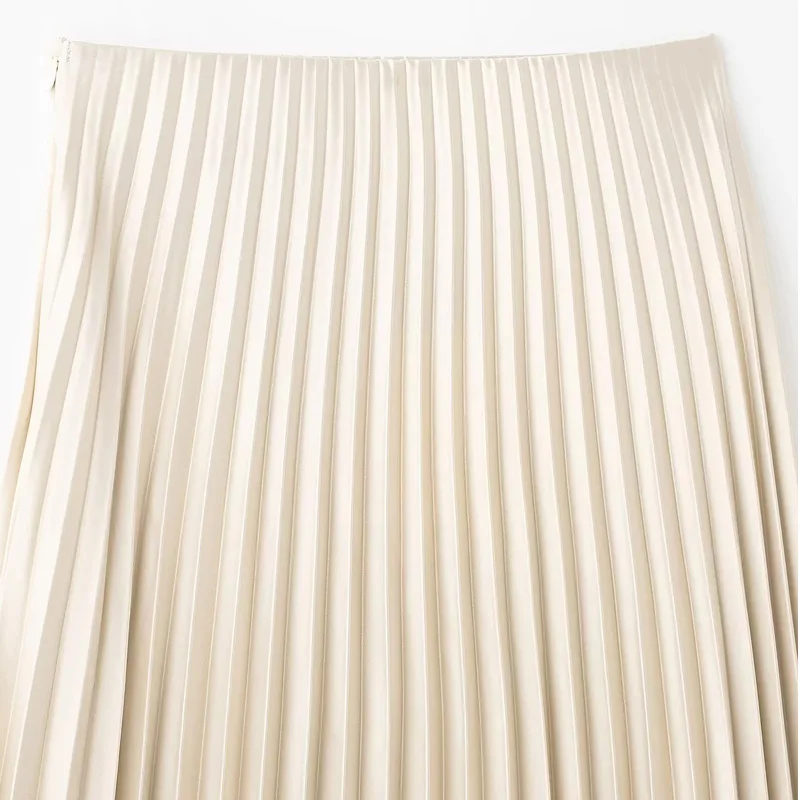 HXAO 여성을위한 새로운 롱 스커트 Pleated 우아한 여성 스커트 여름 새틴 미디 스커트 하이 웨이스트 브라운 스커트 솔리드 캐주얼 스커트