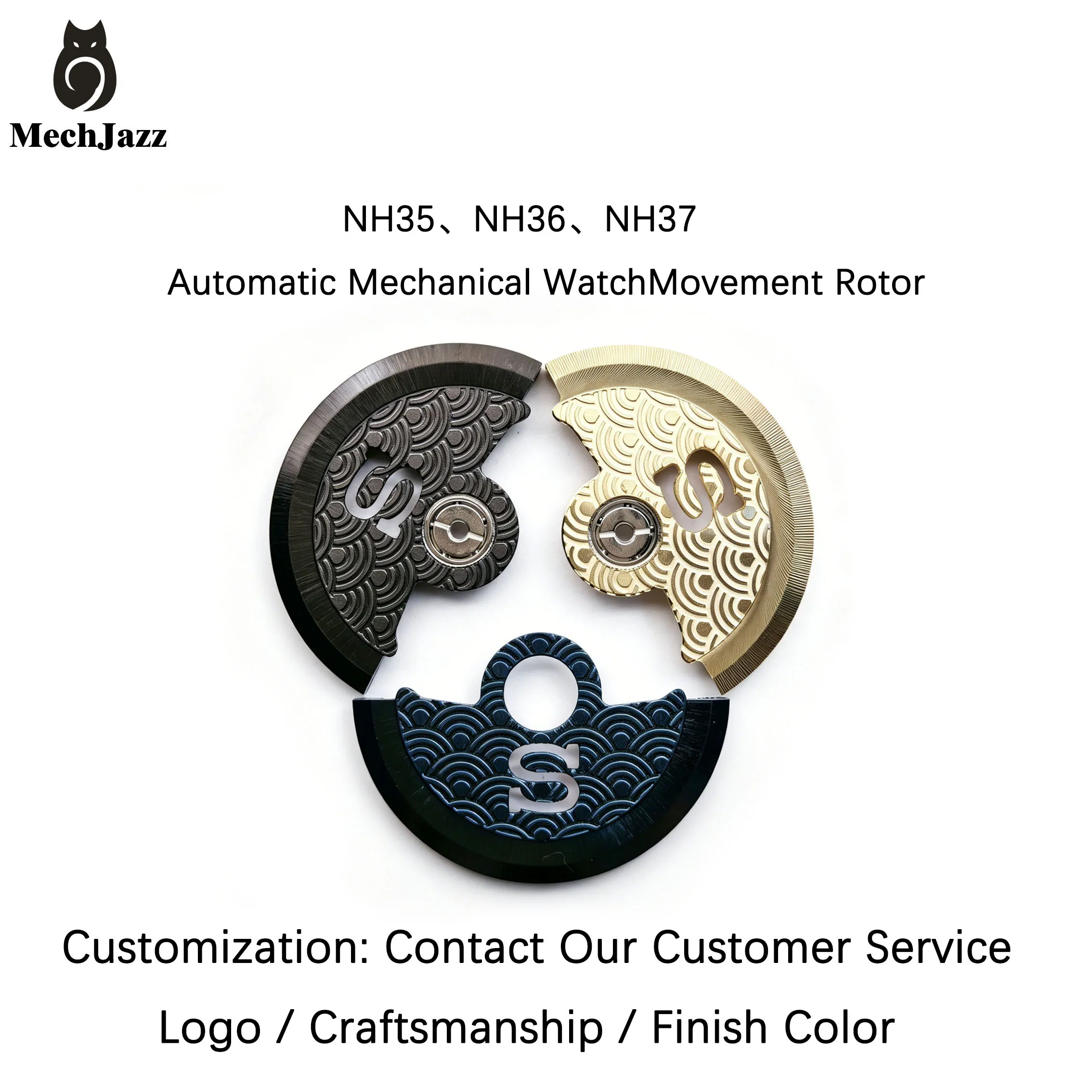 MechJazz Wave Pattern Rotor with S Logo for NH35 Movement, Compatible with NH34/NH36/NH37/4R/6R Series, Watch Modification Parts
