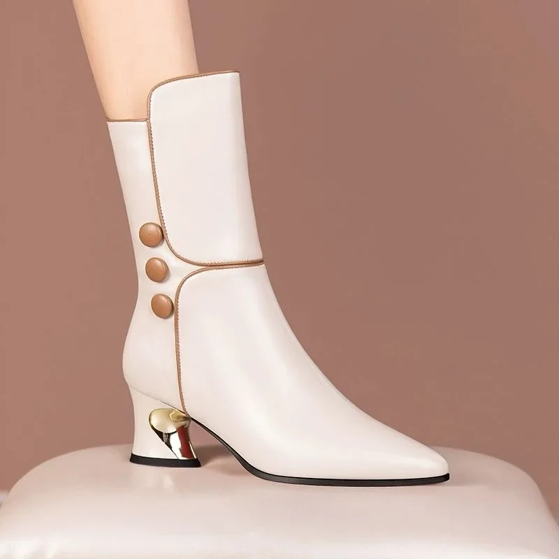 

Mid-calf women's boots 2025 autumn and winter mid-heel pointed leather high fashion buttons decorated large-size women's shoes