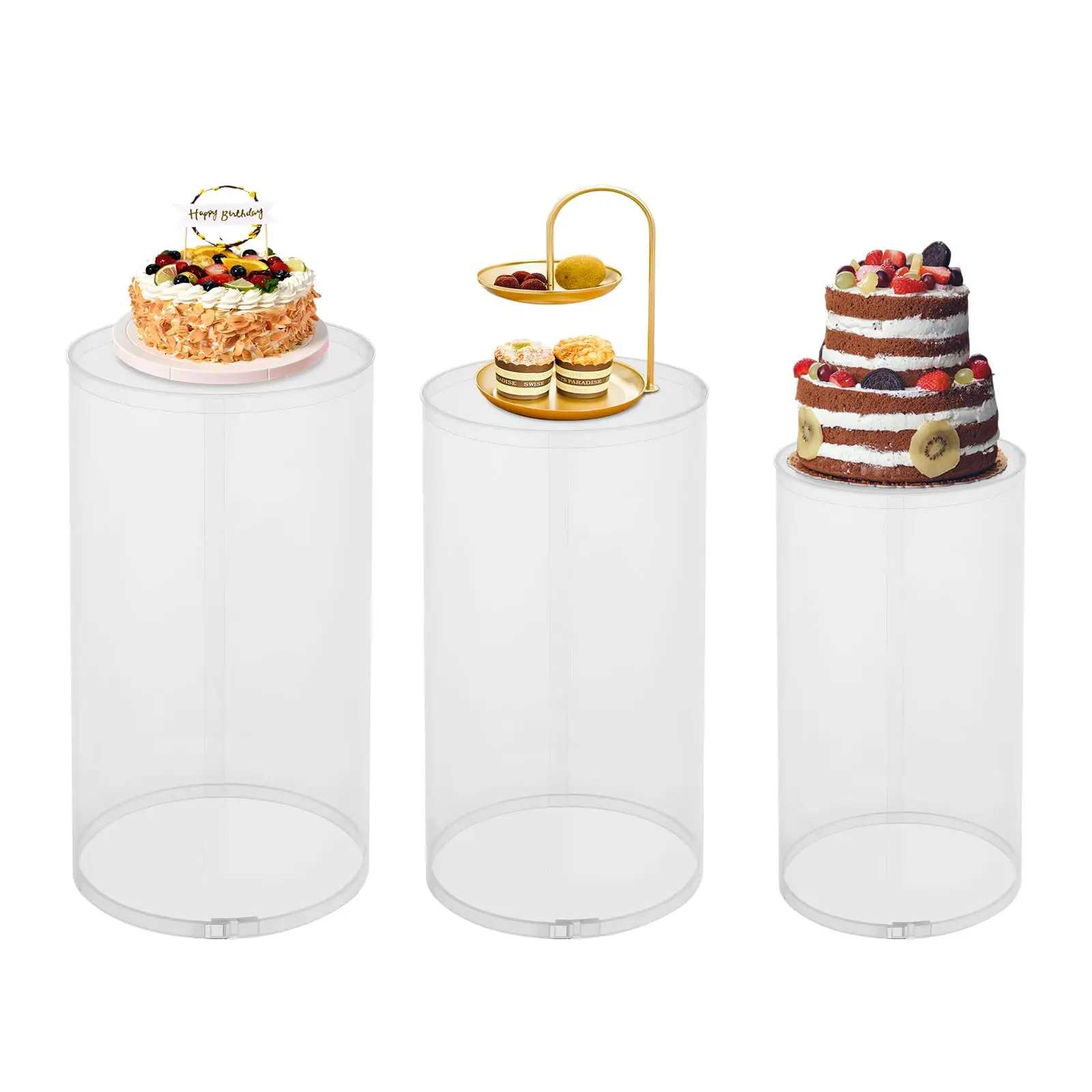 

3-Piece Acrylic Wedding Cylinder Set - Clear Round Party Columns for Cake, Flowers, Decor (60Cm/55Cm/50Cm) Modern Freestanding D