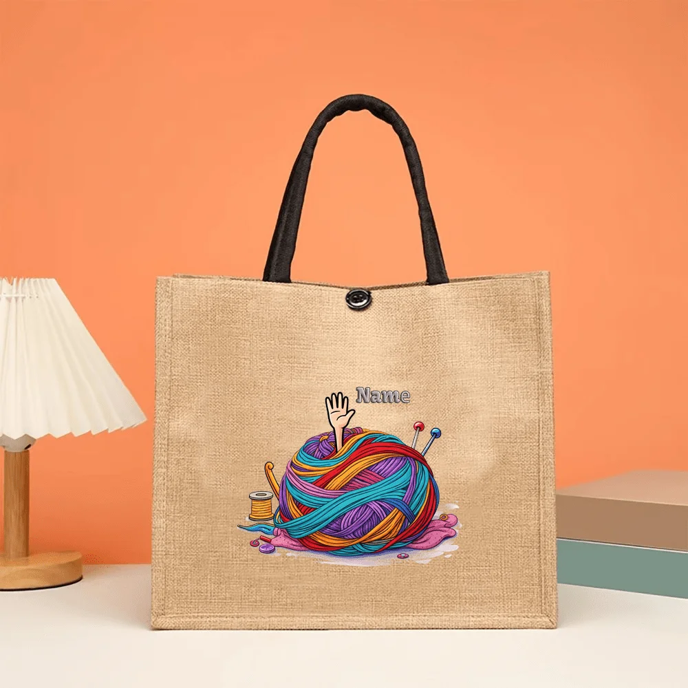 

Personalized and Customizable with Your Name This Fun Colorful Knitted Pom Pom Hand Knitted Bobbin Spool Printed Linen Tote Bag