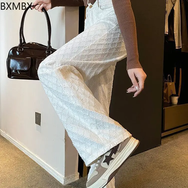 Woven white jeans women's narrow straight trousers spring wide-leg trousers high-waisted loose  casual trousers