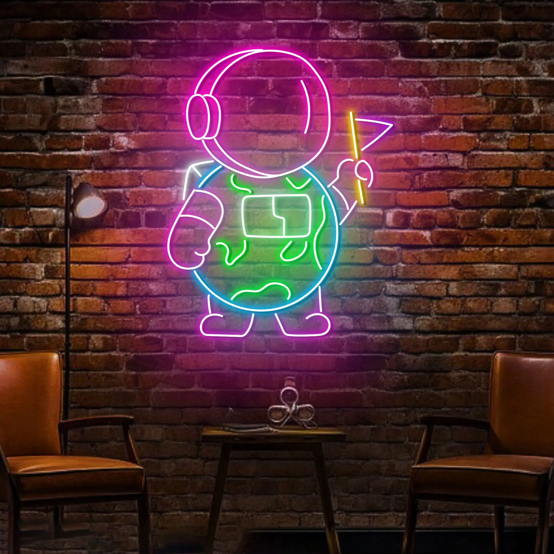 Astronaut Earth Neon Sign Wall Art Decor Astronaut Earth Flag Bedroom USB Night Sign for Teens Space Room Nursery Game Room Sign