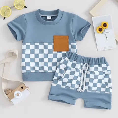 0-3Y Summer Baby Boy Girl Clothes Set Casual Checkerboard Print Short Sleeve Pocket T-Shirt Elastic Waist Shorts Toddler Outfits