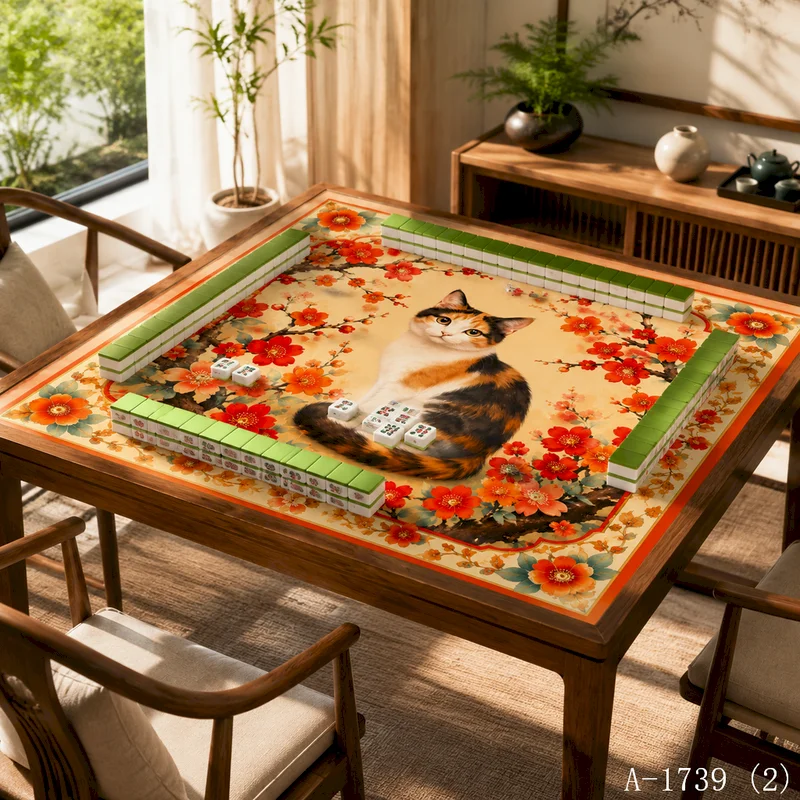 VIKAMA Cat Printed Home Mahjong Tablecloth Anti slip Noise Reduction Game Table Mat Decorative Square Mat Home Decoration