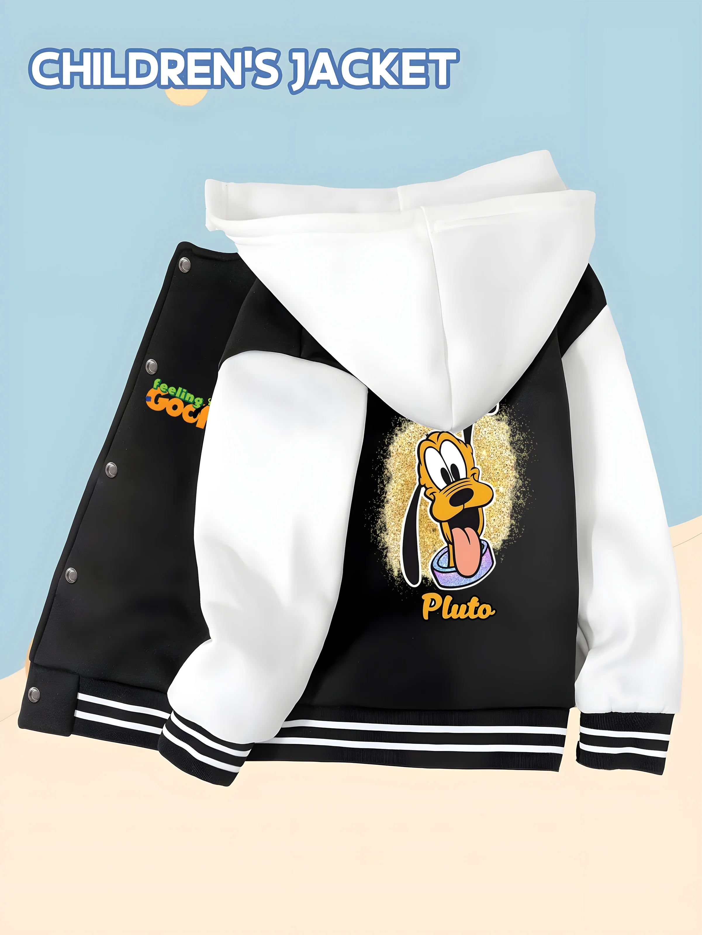 

MINISO Disney Boys' Baseball Jacket - Pluto colorful background print, graphic design, soft fabric for everyday school wear