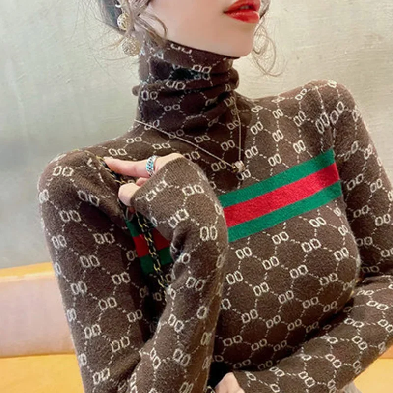 Autumn Winter Vintage Soft Elastic Striped Letter Jacquard Sweaters Women Slim Turtleneck Commute Warm Knitted Pullover