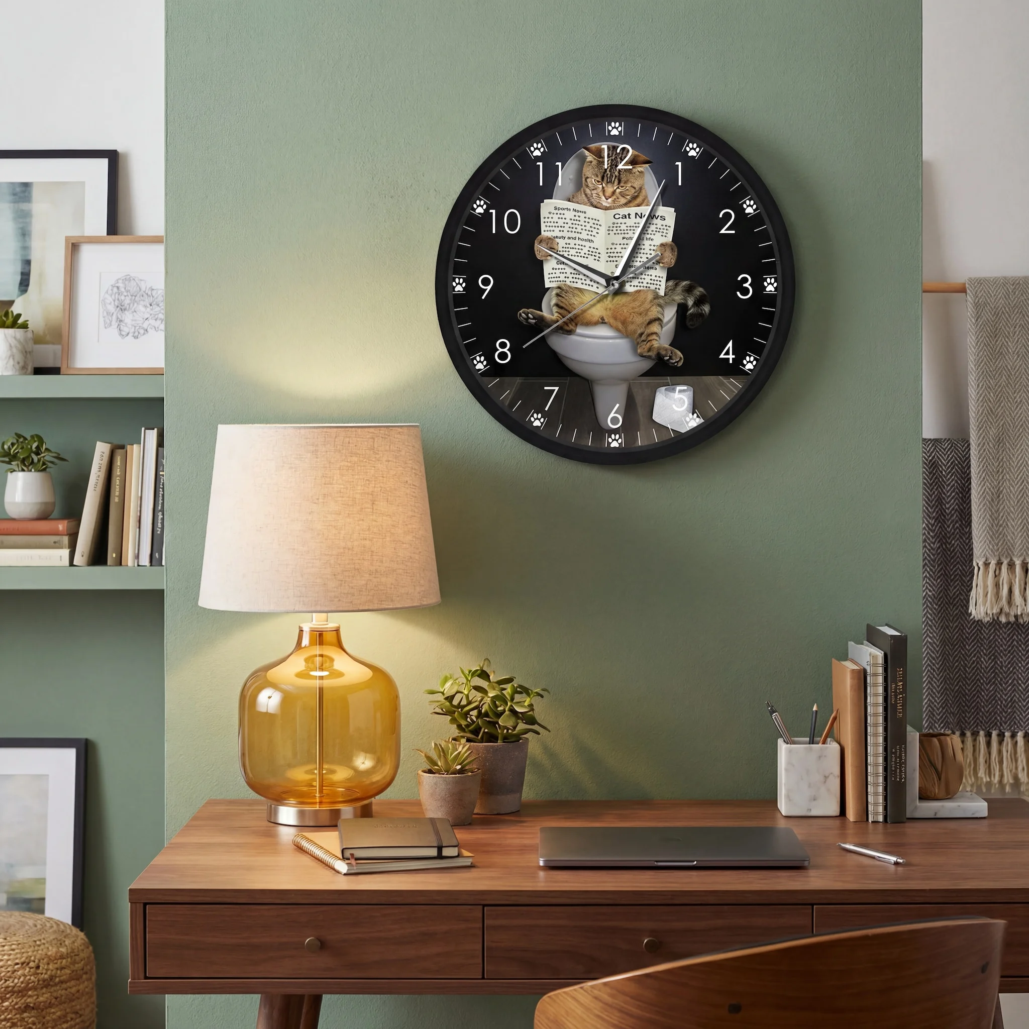 Funny Brown Cat Sitting on Toilet Reading Newspaper Metal Frame Wall Clock Cute Kitty Home Decor Silent Non Ticking Wall Clock