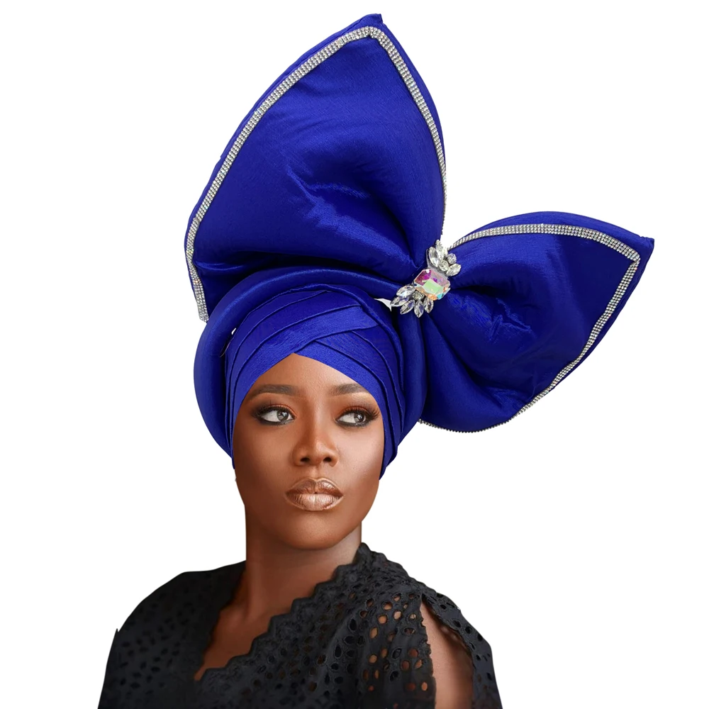 Big Bowknot Turban Cap donna esagerato strass copricapo africano Auto Gele Headtie Nigeria Party copricapo cappello Lady Head Wra