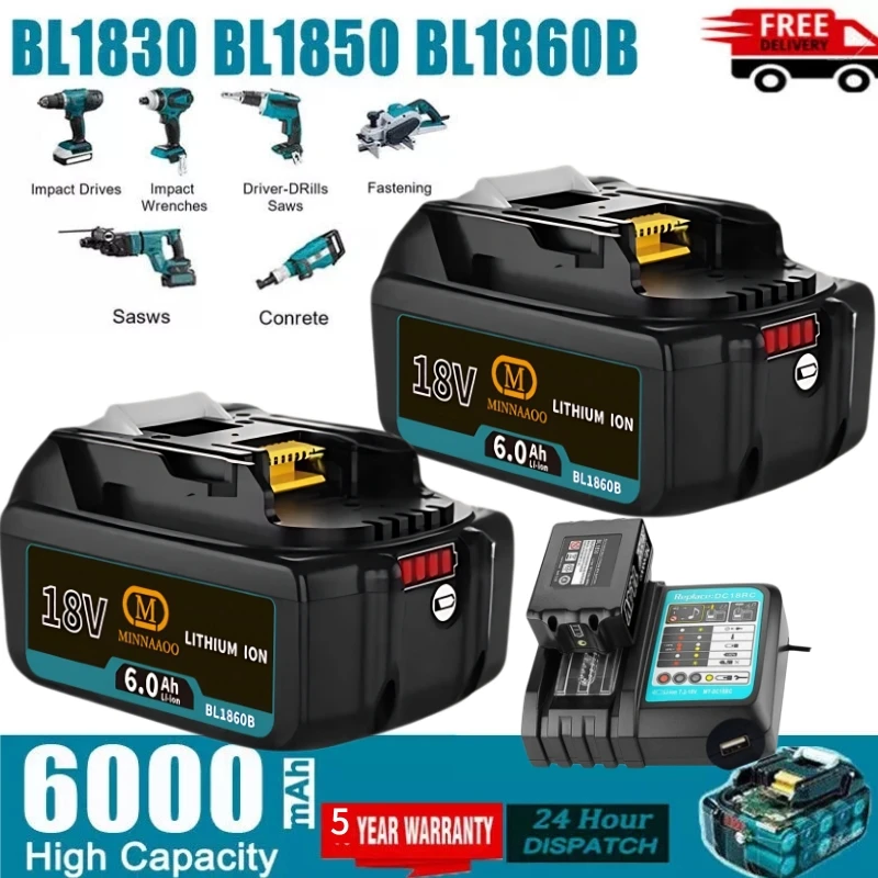 

Genuine For Makita 18V Battery 6.0Ah Replaceable LED Li-ion, Compatible with BL1860 BL1850 BL1830 LXT
