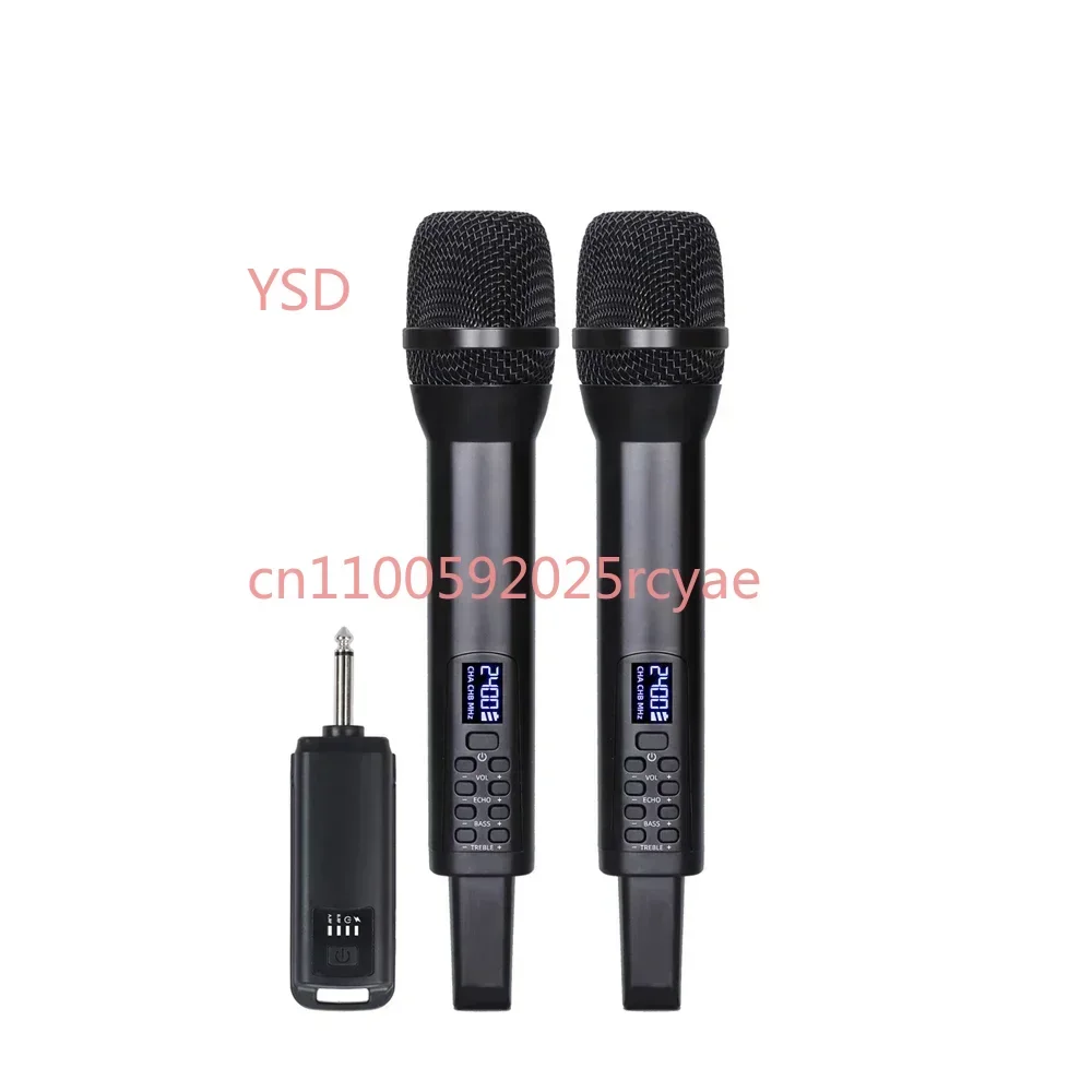 Rechargeable 2.4G wireless handheld microphone with echo, treble and bass adjustment for karaoke.