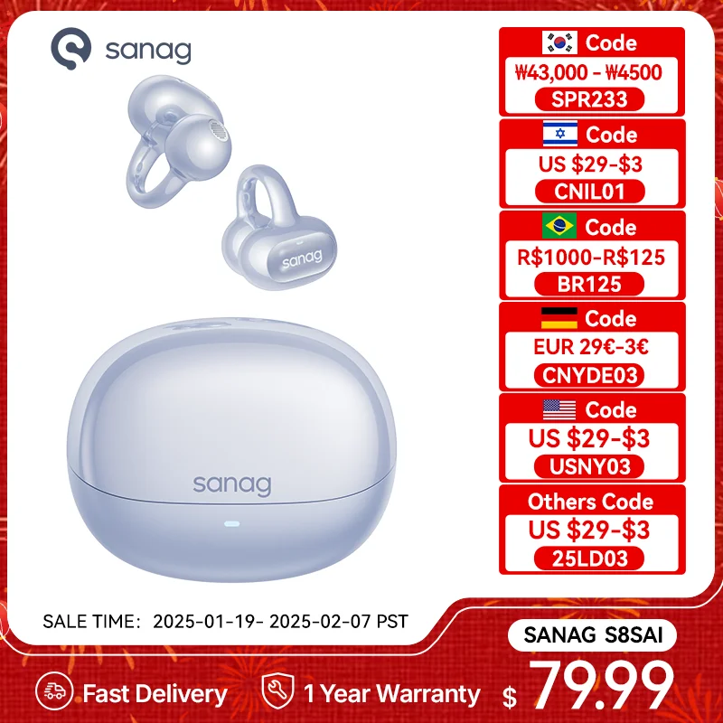 Sanag S8S AI Ear Clip Earphones AI Translation Bluetooth 5.4 Wireless Open Ear ENC Noise Reduction Headphones Sports TWS Earbuds