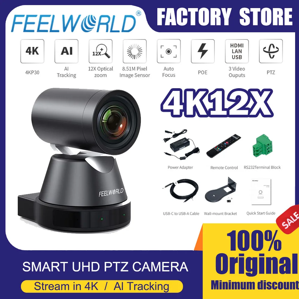 FEELWORLD Kamera 4K PTZ 4K12X 12X Zoom Optik Pelacakan AI HDMI USB IP Remote Control Kebisingan Rendah dan SNR Tinggi