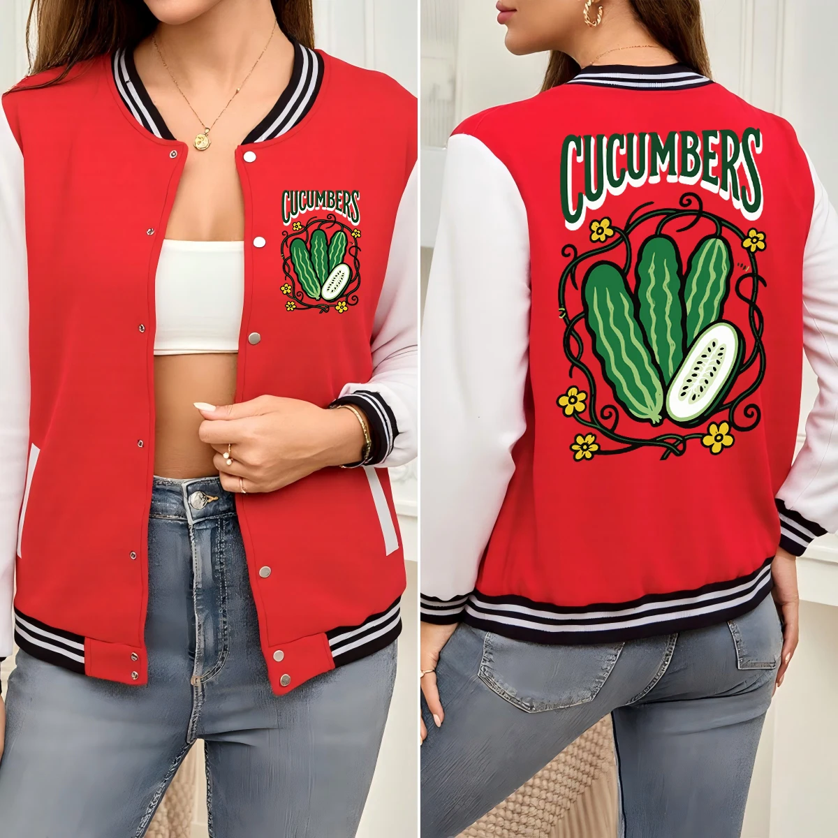 

Fresh Cucumber Fruit Pattern Jacket Womens Oversized Hip Hop Baseball Uniform Soft Cotton Coat Woman Casual Street Sportswear